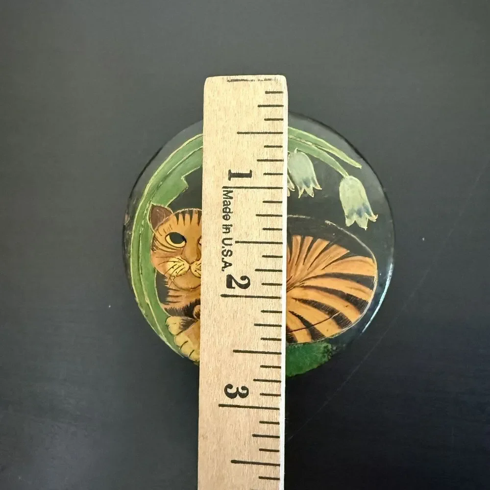 Vintage Hand Painted Wood Trinket Box Cat Flowers‎ Kashmir India Black Lacquered